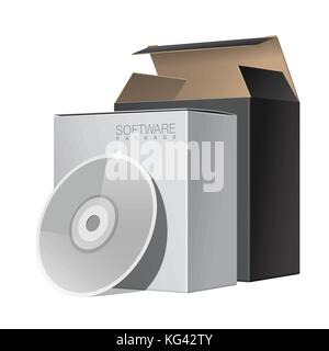 Deux types de package fort ouvert avec disque de cd ou dvd. pour les logiciels, les appareils électroniques et autres produits. vector illustration Illustration de Vecteur