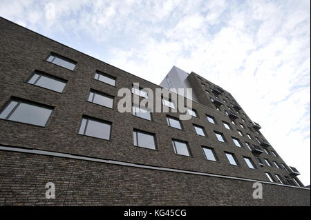 Le ctp développeur a terminé la construction de nouvelles capacités d'hébergement surtout pour les étudiants et les jeunes dans l'ancienne zone industrielle en skrobarenska street à Brno, République tchèque. Le nouveau bâtiment appelé domeq propose de louer 159 chambres et appartements pour 309 personnes. Le projet se présente comme un nouveau concept de la vie moderne pour les étudiants et les jeunes professionnels. une partie des capacités sera également offert aux stagiaires d'entreprises évoluant dans des lieux d'ponavka business park, où l'immeuble de grande hauteur domeq est situé. sur la photo, sur la photo le 1 novembre 2017, est perçu comme une Banque D'Images