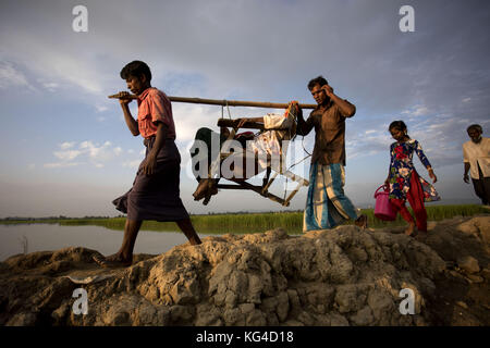 2 novembre 2017 - 02 novembre 2017 Cox's Bazar, Bangladesh ''“ un réfugié rohingya transporte son moher malade pour entrer au Bangladesh depuis l'état de Rakhine du Myanmar à Anjumanpara à Coxsbazar, Bangladesh. Selon le HCR, 607 000 réfugiés rohingyas ont fui la violence de l'État de Rakhine au Myanmar depuis le 25 août 2017, la plupart essayant de traverser la frontière et d'atteindre le Bangladesh. Crédit : K M Asad/ZUMA Wire/Alamy Live News Banque D'Images