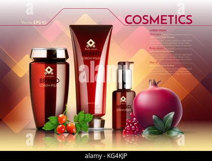 Vecteur cosmétique annonces paquet réaliste modèle. la crème pour le visage et les produits pour les cheveux de bouteilles. Grenade et egglantine. extrait maquette ensemble organique illus 3d Illustration de Vecteur
