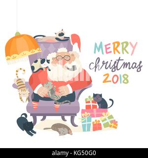 Père Noël assis dans un fauteuil avec les chats Illustration de Vecteur