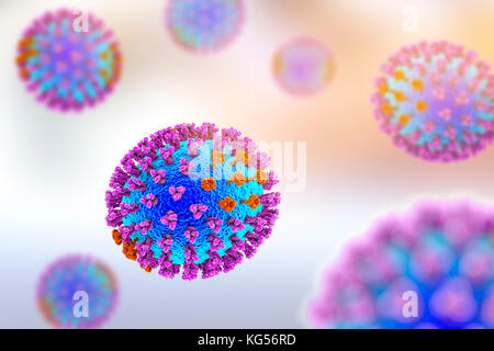 Les virus de la grippe, l'illustration de l'ordinateur. Chaque virus est constitué d'un noyau d'ARN (acide ribonucléique) le matériel génétique entouré par une couche de protéines (bleu). Intégré dans les armoiries sont des protéines de surface (pics). Il y a deux types de protéines de surface, l'hémagglutinine (violet) et de la neuraminidase (orange), et chaque existe dans plusieurs sous-types. Les deux protéines de surface sont associées à la pathogénicité d'un virus. L'hémagglutinine se lie aux cellules de l'hôte, ce qui permet au virus d'entrer et de les reproduire. La neuraminidase permet à de nouvelles particules pour quitter l'hôte après la réplication. Banque D'Images