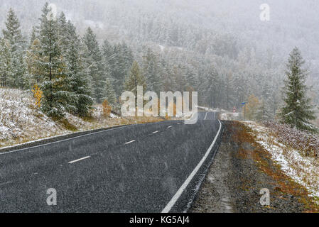 Un pittoresque paysage d'automne avec une route asphaltée dans la forêt dans les montagnes pendant la première chute de neige en automne en septembre Banque D'Images