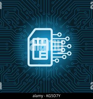 L'icône de carte SIM sur fond de carte mère circuit bleu Illustration de Vecteur
