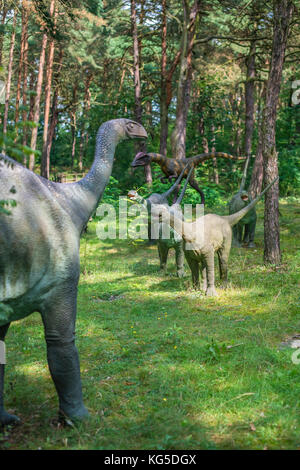 Warszawa, Pologne - août 2017 : petits dinosaures diplodocus statues dans une forêt Banque D'Images