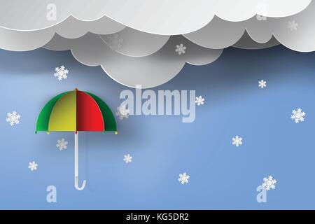 L'art du papier coloré de parapluie en saison d'hiver,neige,ciel bleu,vector Illustration de Vecteur