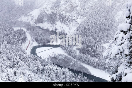 Le train passe au rouge dans la gorge malgré de fortes chutes de neige. Rhein(Gorge Ruinaulta), Flims, Imboden, Grisons, Suisse, Europe Banque D'Images