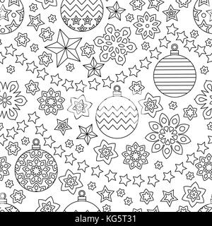 Nouvelle année contours dessinés à la main avec motif transparent fête des flocons de neige, des boules de noël et les étoiles isolé sur fond blanc. antistress coloration livre pour adulte. Illustration de Vecteur