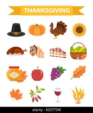 Joyeux Thanksgiving Day Icon Set, Télévision, cartoon style. harvest festival collection design elements avec la Turquie, la citrouille, Pilgrim hat, tartes, légumes, Illustration de Vecteur