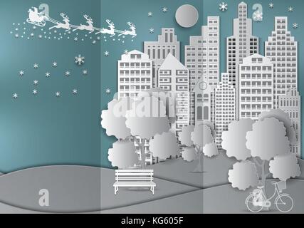 Maison de vacances d'hiver la neige en arrière-plan de ville avec le père Noël et l'arbre. Saison de Noël art illustration style de papier. Illustration de Vecteur