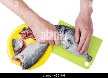 Chef du restaurant supprime les tripes et les échelles de goûter les poissons marins dolphin dorado avant la cuisson sur le grill. isolated on white top view alimentation conc Banque D'Images