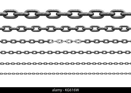 Différentes tailles de chaîne en acier inoxydable isolé sur fond blanc, Banque D'Images