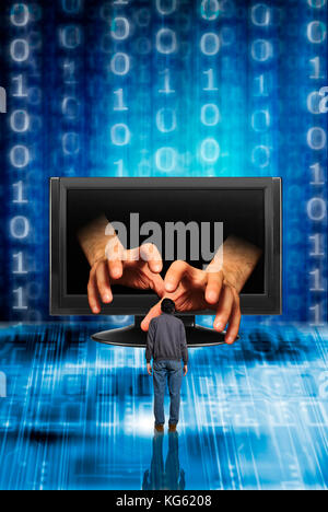 Mains sortant d'un écran d'ordinateur en saisissant une personne, le vol d'identité concept Banque D'Images