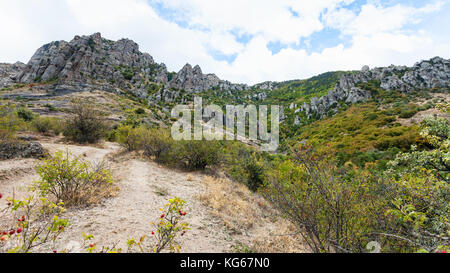 Billet à la Crimée - vue de l'érosion des roches à demerdzhi des montagnes de la vallée des fantômes sur la côte sud de Crimée Banque D'Images