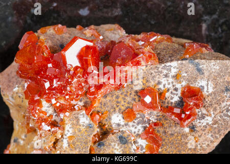 La prise de vue macro des eaux minérales naturelles rock specimen - cristal de la vanadinite sur pierres de granit sombre contexte du Maroc Banque D'Images