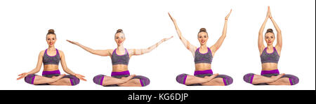 Les femmes qui ne le yoga effectuer assis en lotus poser sur le sol avec plusieurs mains position. collage. Banque D'Images