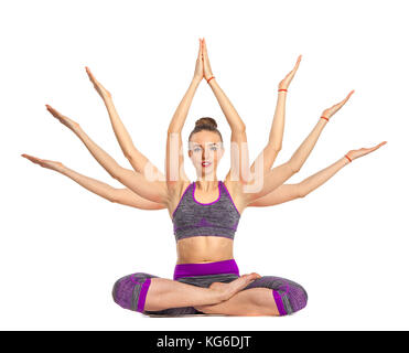 Les femmes qui ne le yoga effectuer assis en lotus poser sur le sol avec plusieurs mains. Banque D'Images