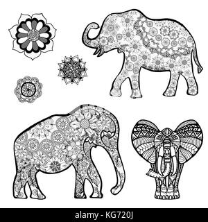Jeu de dessin vectoriel d'un éléphant avec des motifs ethniques de l'Inde. sur le fond de l'image. grange comme un tatouage. Illustration de Vecteur