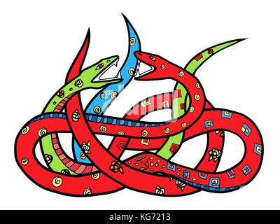 Deux serpents ornés. hand drawn illustration avec enchevêtrement de deux serpents colorés, style vitrail dessin. fond blanc. Illustration de Vecteur