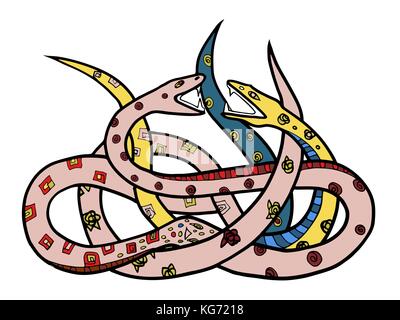 Deux serpents ornés. hand drawn illustration avec enchevêtrement de deux serpents colorés, style vitrail dessin. fond blanc. Illustration de Vecteur