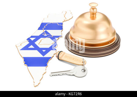 Réservation Israël concept. Drapeau israélien avec clé et la réception de l'hôtel bell, rendu 3D Banque D'Images