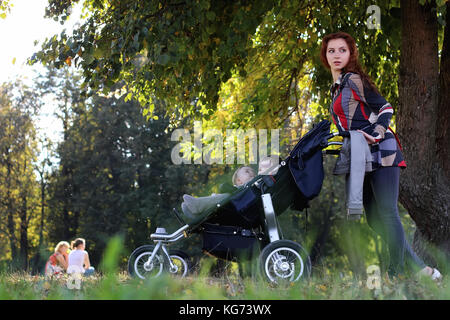 Les femmes à pied avec une poussette dans un parc de l'été Banque D'Images