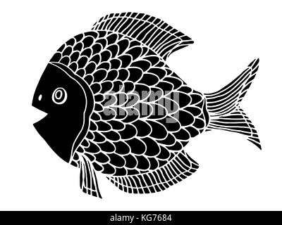 Poisson stylisé monochrome. hand drawn doodle vector illustration isolé sur fond blanc. croquis pour tatouage ou makhenda. sea food collection. Illustration de Vecteur