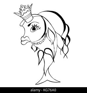 Fée poisson rouge avec couronne. image monochrome. vector illustration Illustration de Vecteur