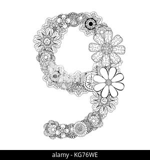Numéro neuf de monochrome fleurs dessiné à la main. chiffres floraux. vector illustration, isolated on white Illustration de Vecteur
