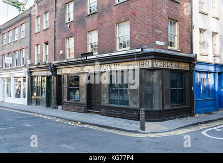 Jeanette Winterson's Verde & Co Ltd store front de Brushfield Street, Spitalfields, Londres, E1, au Royaume-Uni. Banque D'Images