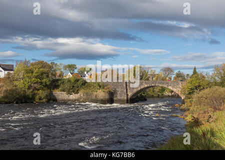 Le village de Poolewe, Wester Ross, avec la rivière Ewe qui traverse, sur les rives du Loch Ewe, dans les hautes terres du nord-ouest de l'Écosse Banque D'Images