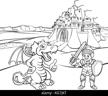 Dessin animé du château du dragon et du chevalier Illustration de Vecteur