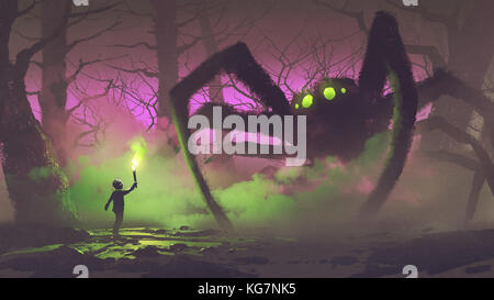 Dark fantasy concept montrant le garçon avec une torche face à l'Araignée géante dans la mystérieuse forêt, art numérique, peinture style illustration Banque D'Images