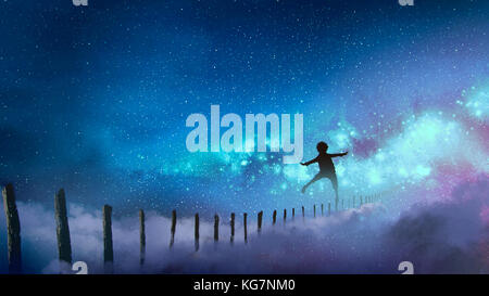 Le garçon en équilibre sur des bâtonnets de bois contre la voie lactée avec de nombreuses étoiles, style art numérique, illustration peinture Banque D'Images