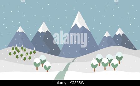 Paysage de montagne hiver neige dessin animé avec de la neige et de conifères et arbres à feuilles caduques et la route vers les montagnes avec des pics couverts de neige sous le gris Illustration de Vecteur