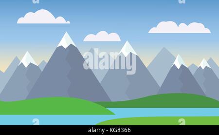 Caricature de montagne paysage avec des collines vertes et les montagnes avec des pics sous la neige, avec le lac ou rivière en face de la montagne sous ciel bleu avec des nuages w Illustration de Vecteur