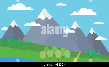 Caricature de montagne paysage avec de vertes collines et montagnes grises avec des pics sous la neige, avec le lac ou rivière sous un jour bleu ciel avec nuages, d'arbres Illustration de Vecteur