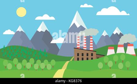 Vue sur le paysage de montagne avec des collines et des arbres avec de la neige sur les sommets et l'usine avec cheminées fumer sous ciel bleu avec des nuages et soleil - vect Illustration de Vecteur