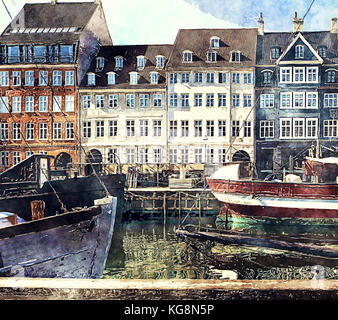 Copenhague en aquarelles : voir de nyhavn célèbre monument touristique construit en 17ème siècle flanquée de maisons anciennes avec des façades colorées et Banque D'Images