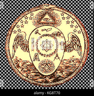 Magic - mysticisme - joint d'or de l'ordre de l'Memphis-Misraism montrant symboles maçonniques, the all seeing eye et l'œuf orphique ailé entouré par un Ouroboros Banque D'Images