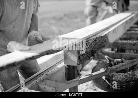 Au travailleur une scierie d'une planche d'orientation grâce à une fraiseuse à l'extérieur dans un proche de l'image de gris Banque D'Images