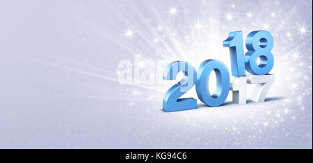 2018 bleu au-dessus de 2017, date d'enregistrement sur un arrière-plan de fête d'argent - 3d illustration Banque D'Images