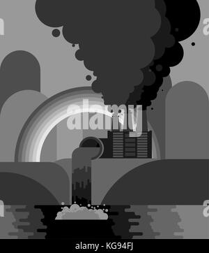 Paysage industriel. les émissions dans l'usine river. la pollution de l'environnement. fumée noire à tuyaux de l'usine.. arc-en-ciel gris catastrophe écologique ve. Illustration de Vecteur