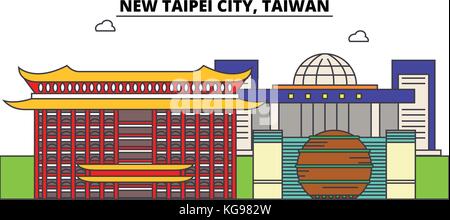 New taipei city, Taiwan contours skyline, télévision taiwanais fine ligne de repère, icônes, illustrations. nouveau Taipei, Taiwan cityscape, ville voyage taiwanais bannière vecteur silhouette urbaine. Illustration de Vecteur