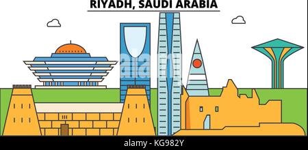 Riyadh, Arabie saoudite contours skyline, télévision arabe fine ligne de repère, icônes, illustrations. Riyadh, Arabie saoudite cityscape, ville voyage arabe bannière vecteur silhouette urbaine. Illustration de Vecteur