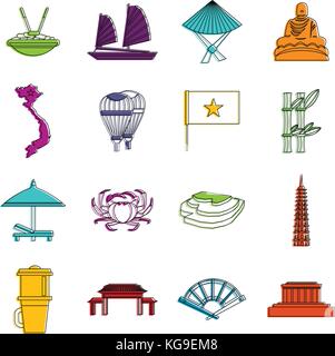 Vietnam travel icons set doodle Illustration de Vecteur