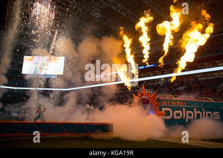 Miami Gardens, Florida, USA. 5Th Nov, 2017. Les Dauphins de Miami sont introduites avant le match contre Oakland Raiders au Hard Rock Stadium de Miami Gardens, en Floride le 5 novembre 2017. Credit : Allen Eyestone/Le Palm Beach Post/ZUMA/Alamy Fil Live News Banque D'Images