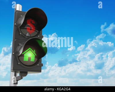 Chambre et de symboles du dollar sur le feu de circulation. L'épargne ou l'investissement immobilier concept. 3d illustration Banque D'Images