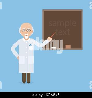 Professeur de sciences, senior scientist professor standing in front of blackboard étudiant en classe à l'enseignement secondaire, collégial ou universitaire design plat. Illustration de Vecteur