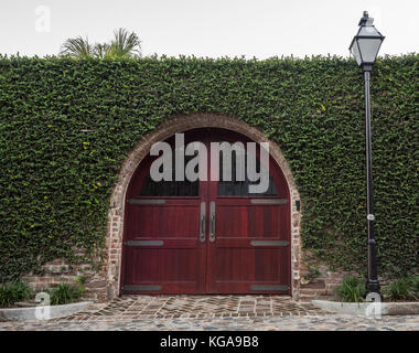 Un mur couvert de lierre entourant les portes en bois rouge à Charleston, Sc. Banque D'Images